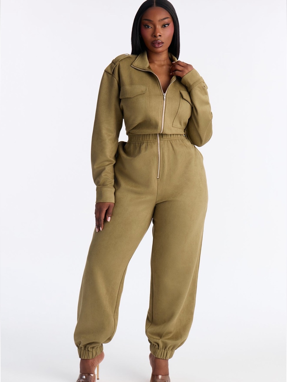 Fashion Nova Olive Suede Cargo Zip-Front Jogger Jumpsuit - XL - Picture 6 of 6